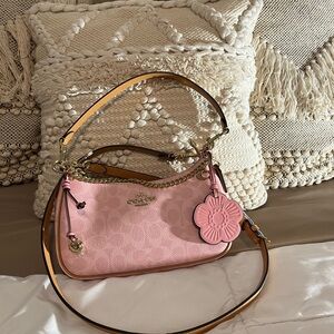 Coach Powder Pink Teri Signature Small Shoulder Bag with Floral Charm